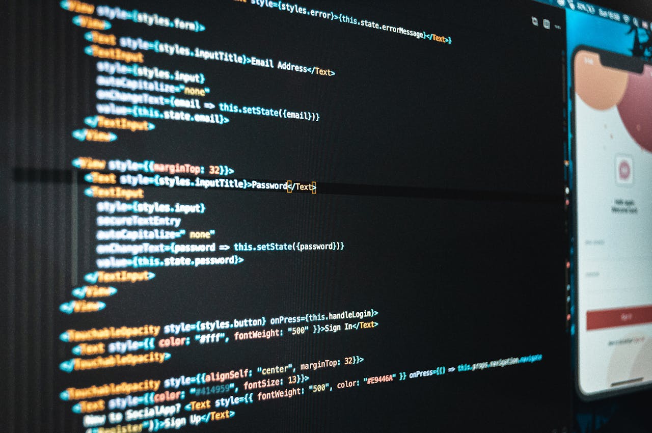 Computer screen with program code and app during work in workplace of modern office